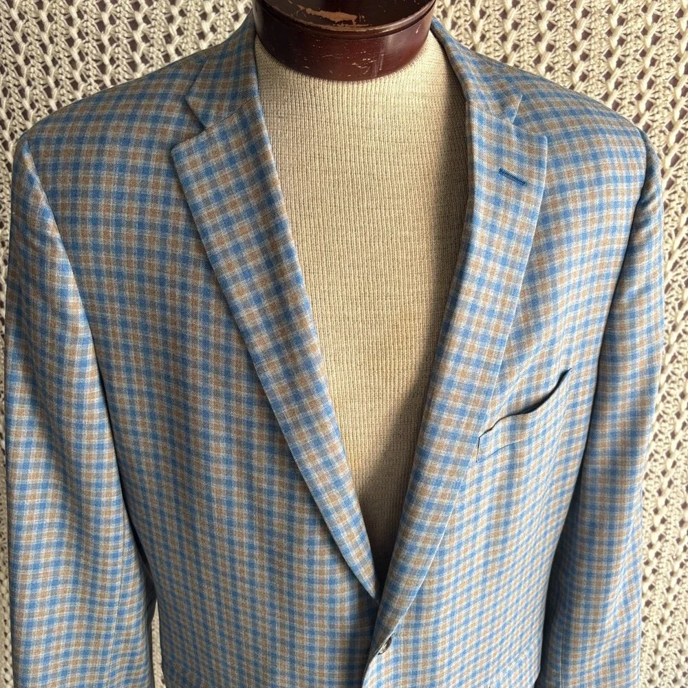 Bespoke Holland & Sherry Tom James Check Wool Sport‎ Coat Tailored Fit Blue 46L